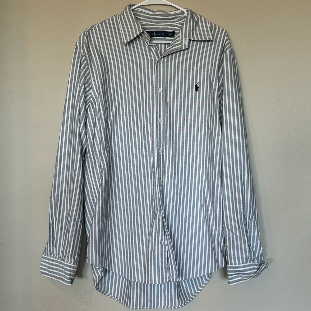 Long sleeve Ralph Lauren button down size L grey white striped